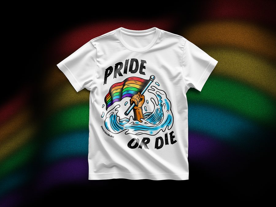 Pride or Die 2026 T-Shirt — white tee with rainbow wave design